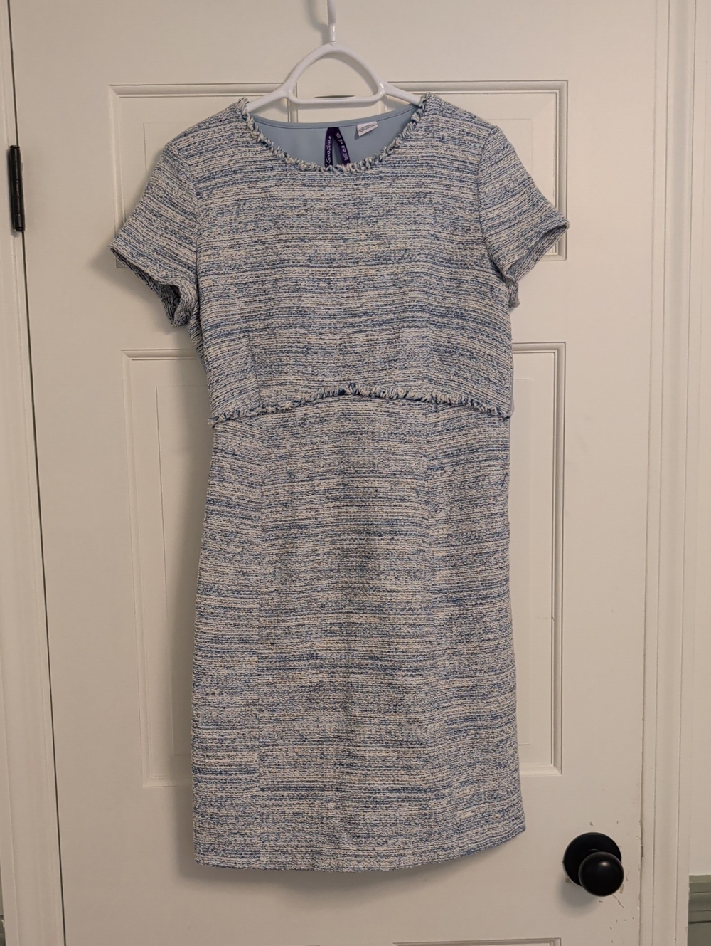 Seraphine Blue and White Tweed Shift Maternity Dress